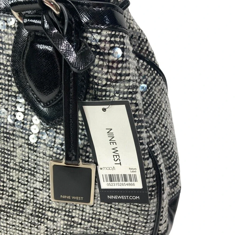 NWT NINE WEST‎ Handbag Satchel Double Handle Black White Sequins  15x10x5.5